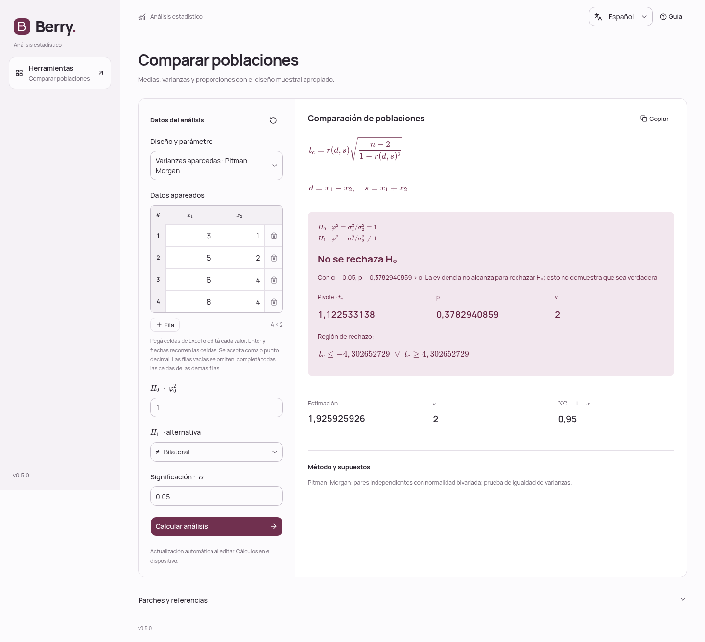 Berry comparando varianzas apareadas: fórmula del pivote, hipótesis, p-valor y región de rechazo. Datos ilustrativos.